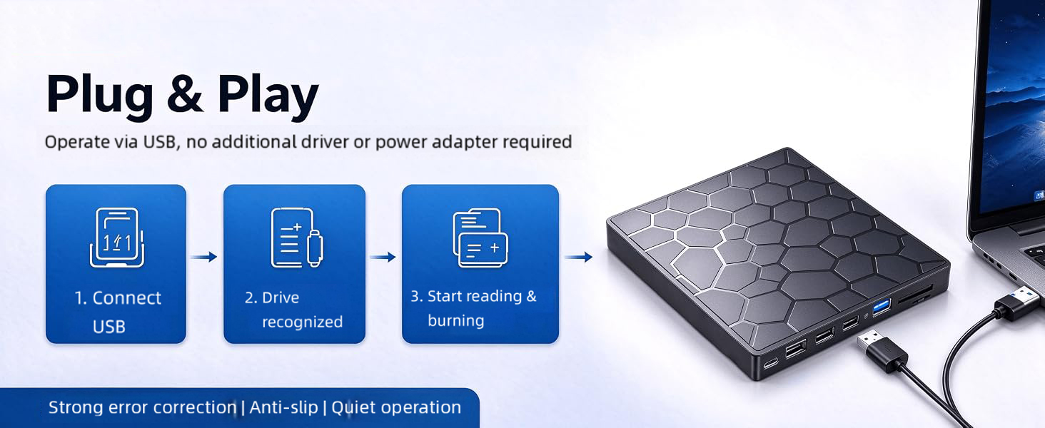 Multifunctional CD/DVD drive for reading & burning. With USB 3.0, 3× USB 2.0, USB-C, and SD/TF reade
