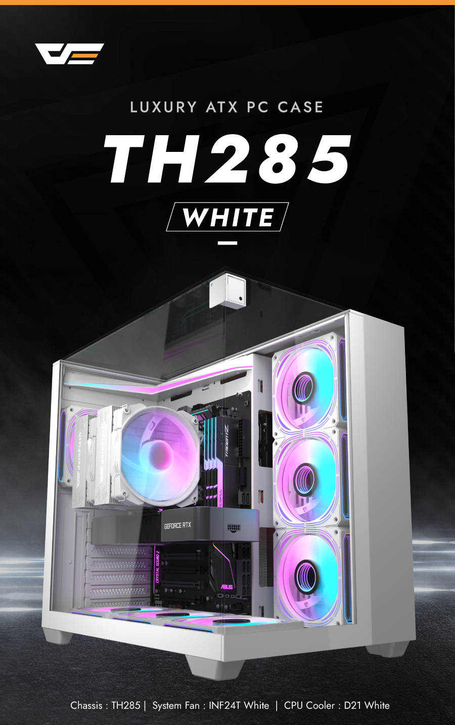 darkFlash TH285,ATX Mid-Tower Gaming Case,Triple-Sided Tempered Glass, 4× Pre-Installed Fans