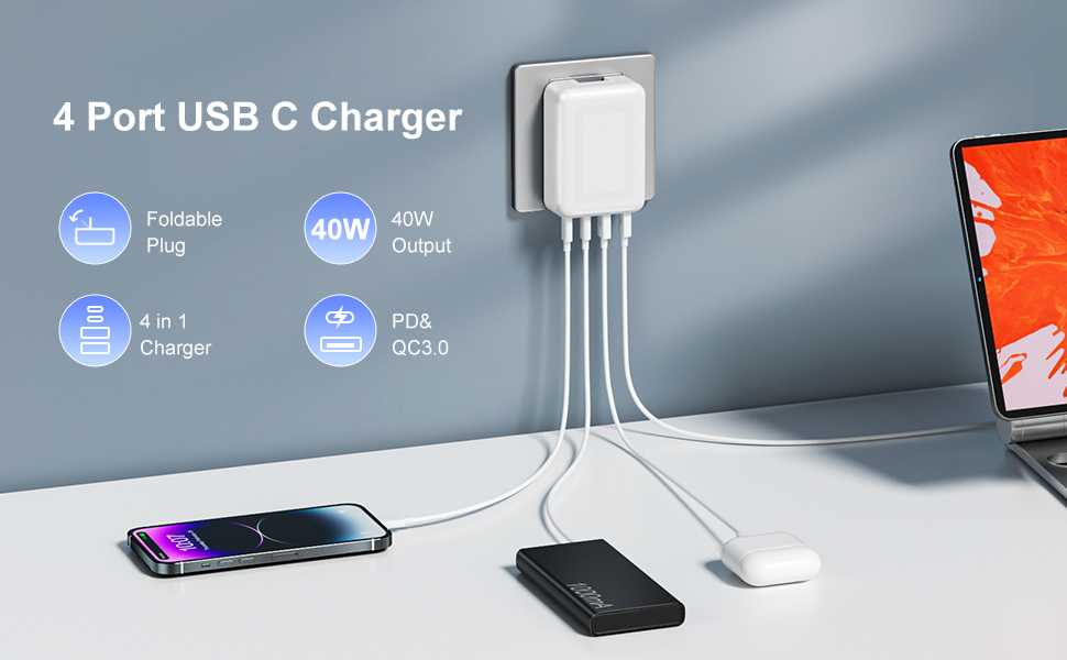 [2 Pack] Flat USB C Wall Charger, 40W Foldable & Slim Fast Charging Block, 4 Ports [2 USA & 2 USB C