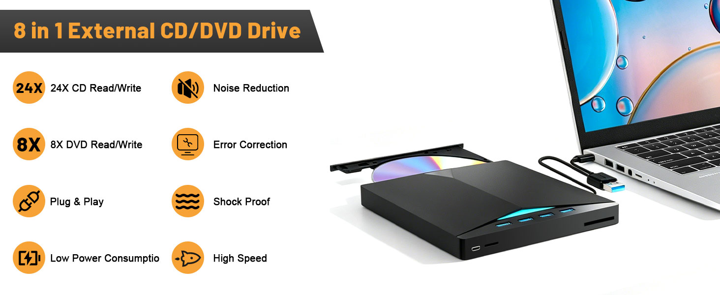 External CD DVD Drive for Laptop, USB 3.0 & Type-C Portable CD DVD +/-RW Burner Writer Reader with S