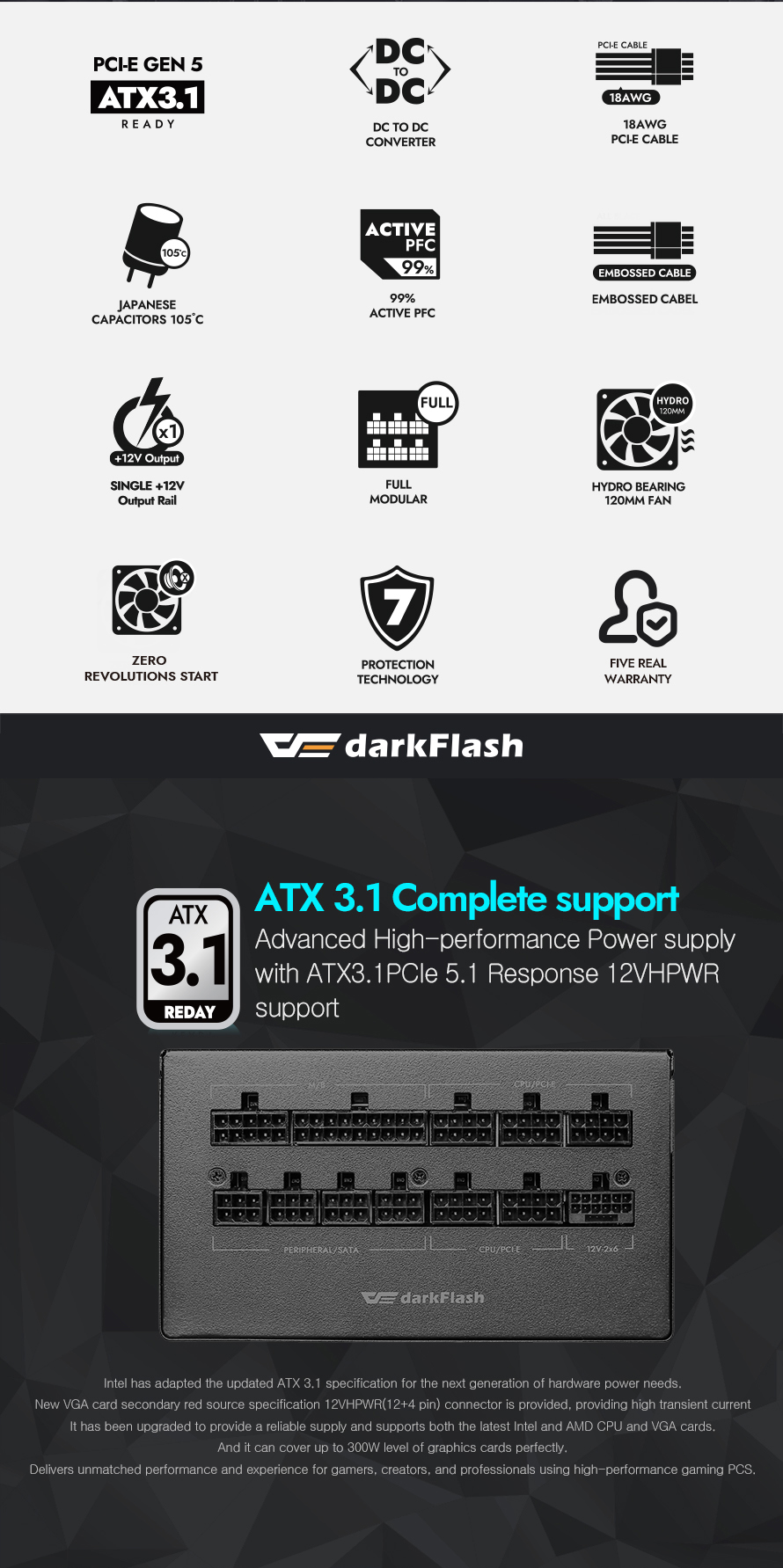 darkFlash PMT850, 850W Fully Modular Power Supply, 80 PLUS Gold & Cybenetics Platinum Certified