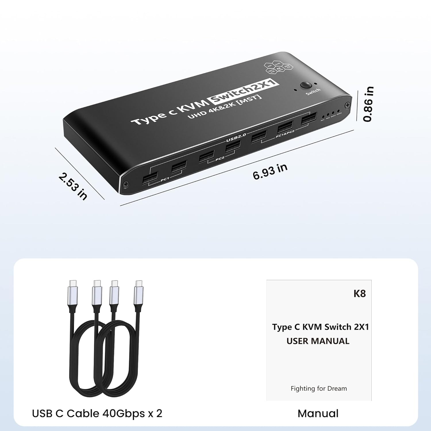 IHDAPP HDMI KVM Switch, 2x1 Type C KVM Switch with 7 USB-A Ports RJ45 Port PD 100W Ports, Extended D