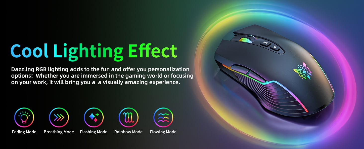 Wireless Gaming Mouse, 2.4Ghz Connection, 5 RGB LED Backlit Modes, Ergonomic Computer Gaming Mice