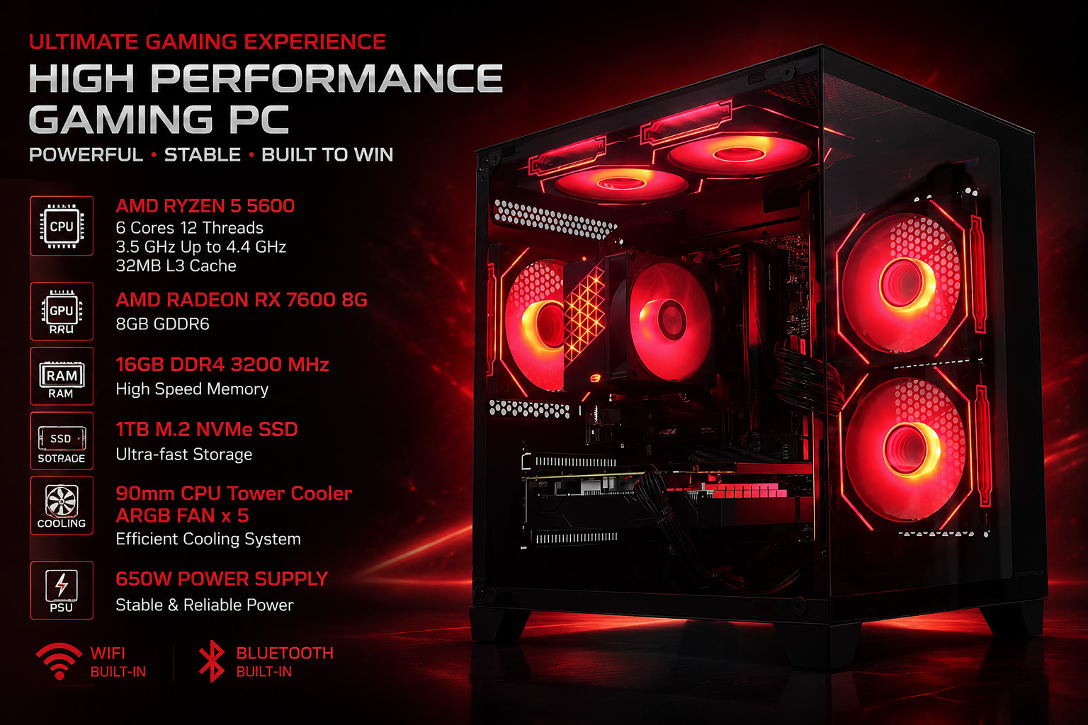 YLZKIX Gaming PC,AMD Ryzen 5 5600 3.5GHz(up to 4.4GHz), Radeon RX