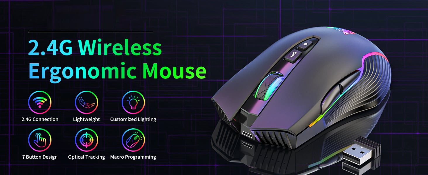 Wireless Gaming Mouse, 2.4Ghz Connection, 5 RGB LED Backlit Modes, Ergonomic Computer Gaming Mice