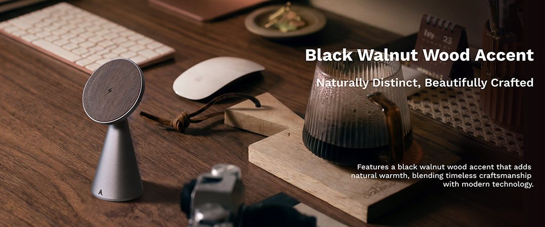 Black walnut wood accent on Loha Custom wireless charger stand