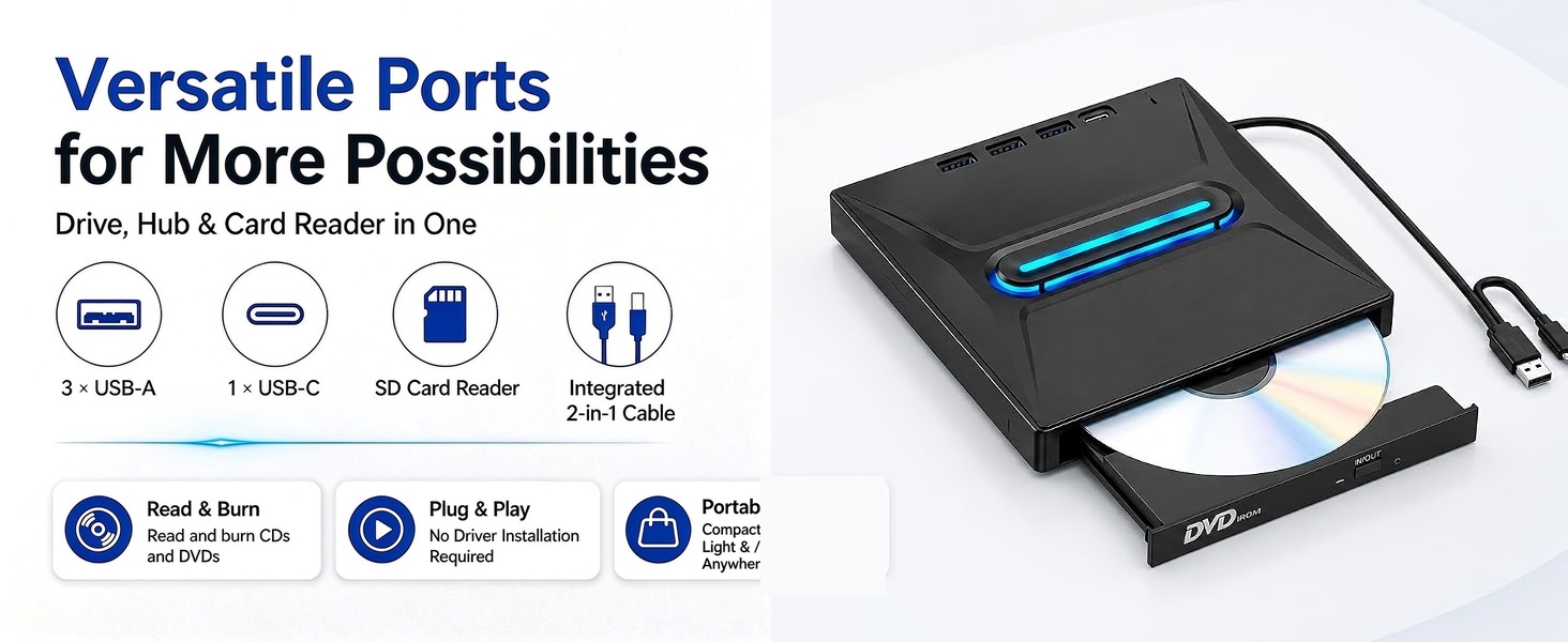USB 3.0 Type C External CD/DVD Drive with Light Function, Portable Type-C DVD+/-RW Optical Disk Driv
