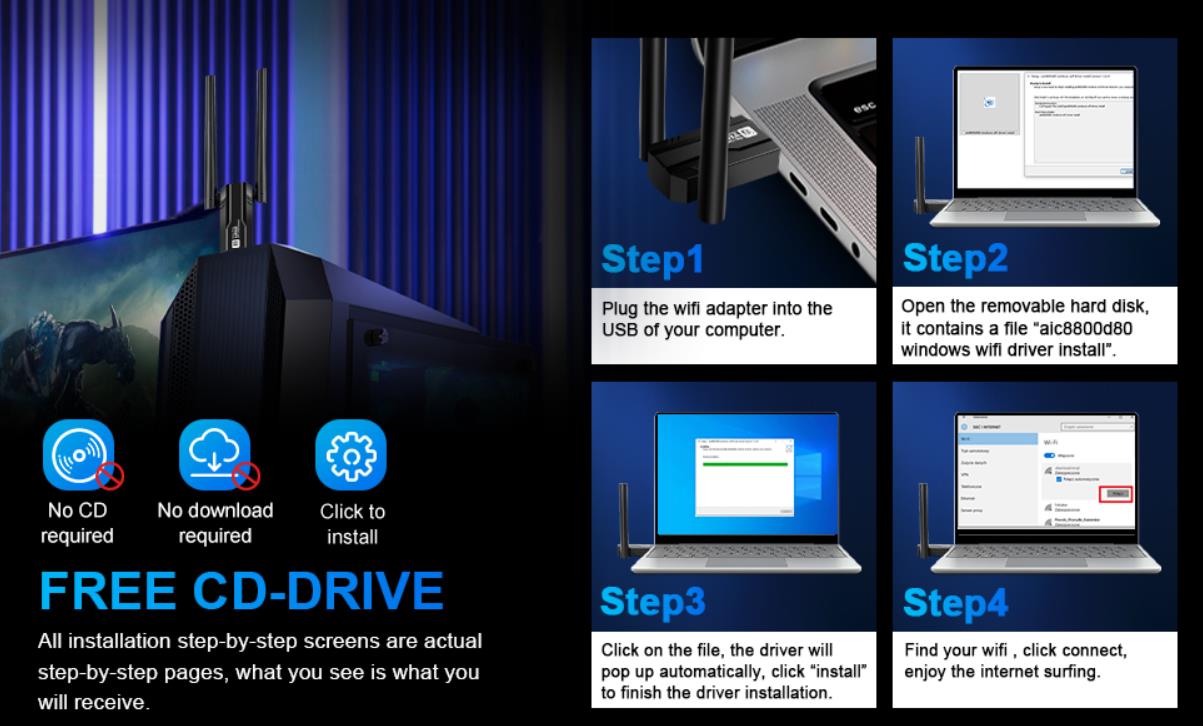 FREE-CD DRIVE, Plug and Play You do not need the driver, connect the USB and click on install!  Inst