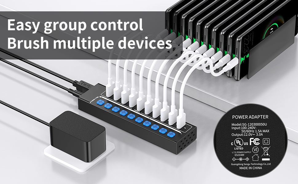 Powered USB Hub 3.0, 10-Port USB 3.0 Hub Splitter with Individual Switches and Indicator Lights, 10