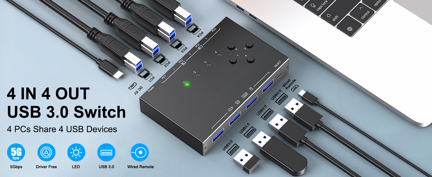 IHDAPP 4x4 USB 3.0 Switch 4 Computers, 4 Port USB Switch Selector for 4 Computer Share 4 USB Devices