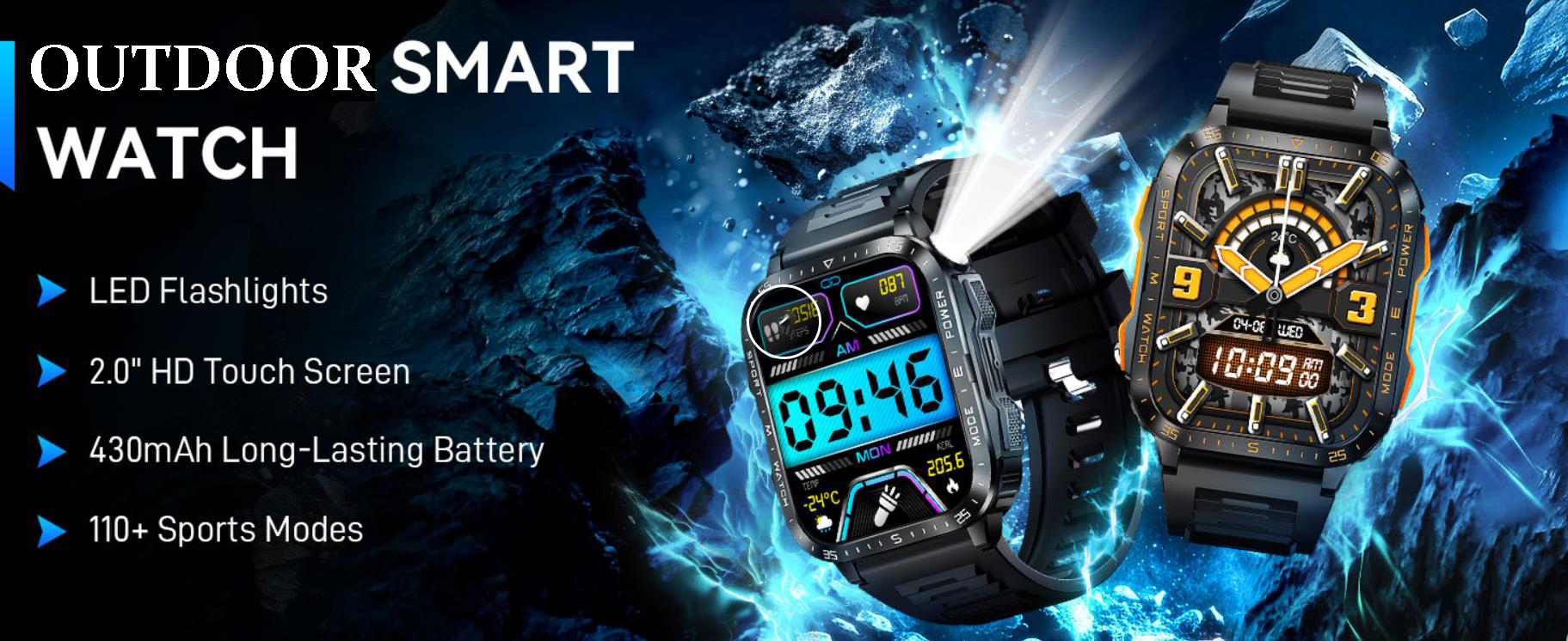 Military Smart Watch for Men with Strong LED Flashlight