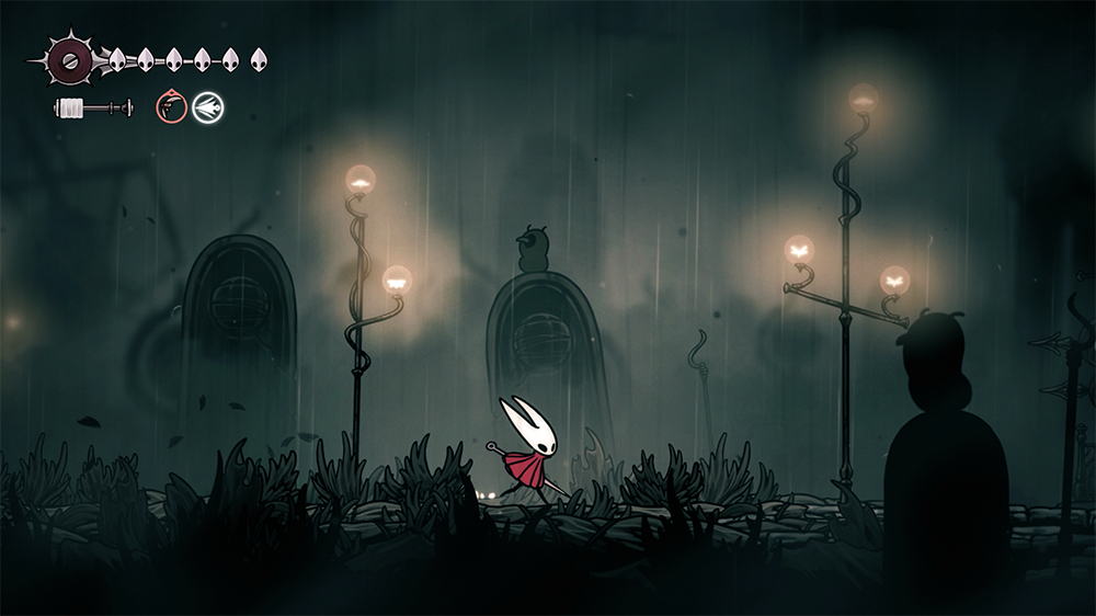 Hollow Knight Silksong screenshot showing mysterious NPCs and character interactions in haunted kingdom