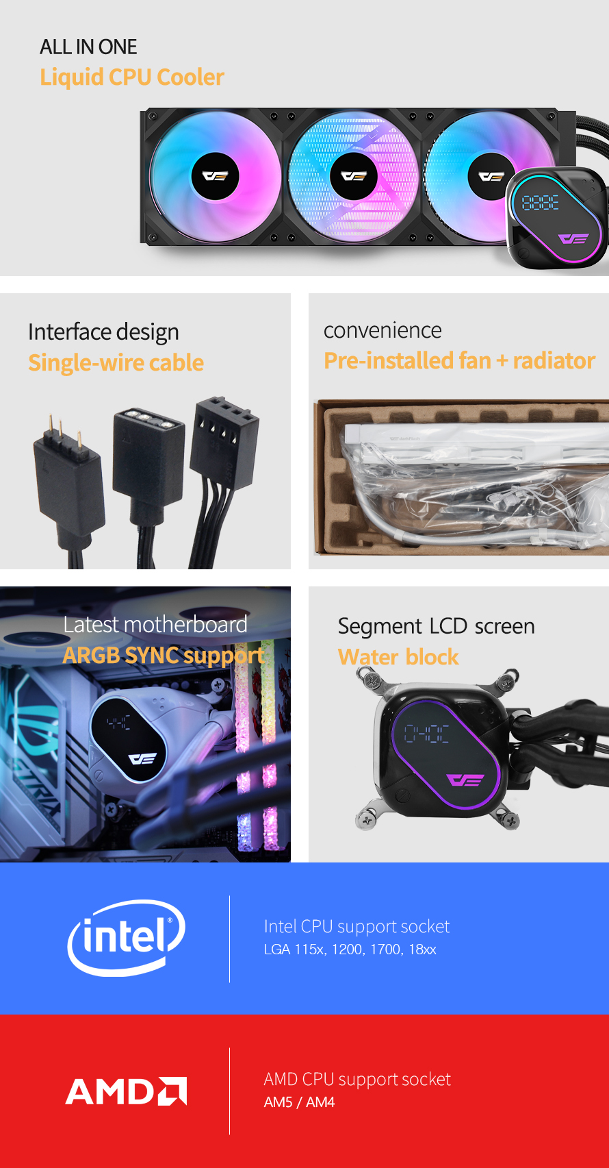 darkFlash EXPLORE DO360 360mm AIO Liquid CPU Cooler Segment LCD Display 5V ARGB Lighting Coppe