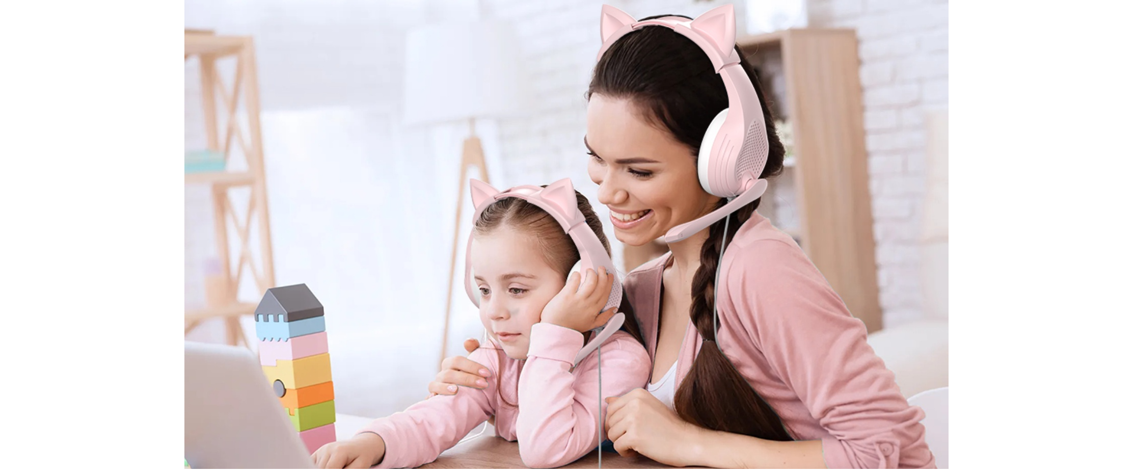 INMISS pink cat ear headset, parent and kid online learning, family video call