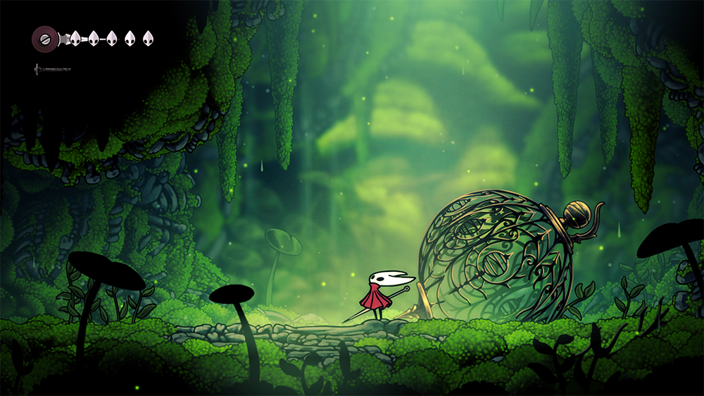 Hollow Knight Silksong screenshot showing Hornet navigating through atmospheric mossy grotto environment