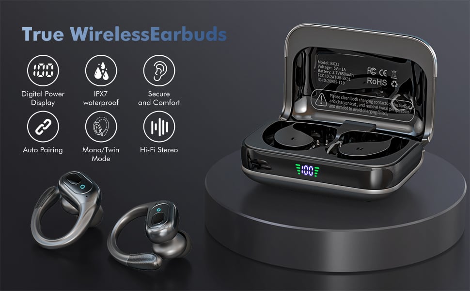 AUTYUE True Wireless Earbuds, 75H Playtime Bluetooth 5.3 Headphones, IP7 Waterproof Bluetooth Headse