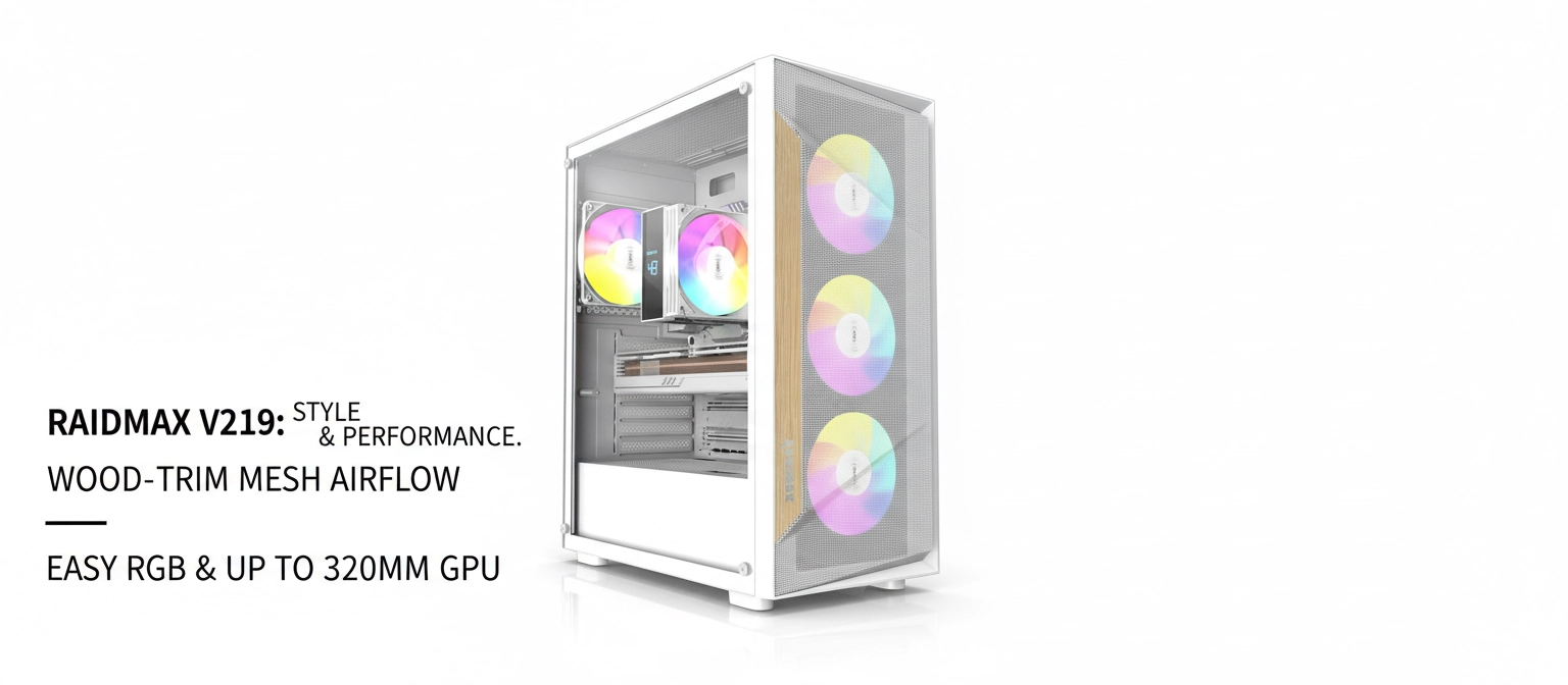 v219, mesh front intake airflowm, argb fans, atx mid tower gaming case