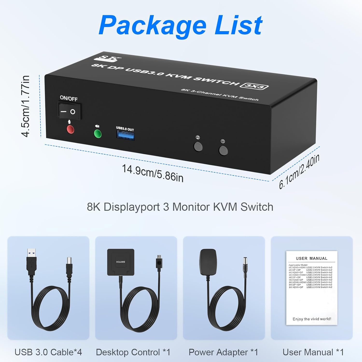 What You Get: 1x 8K Triple Monitor KVM Switch, 2x USB 3.0 Cables, 1x Power Adapter, 1x Wired Button