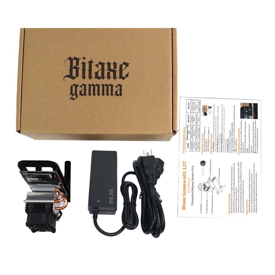 1 x Bitaxe Gamma 602 Plus Unit.  1 x 40W Power Adapter (5V/8A) with regional AC cable (US/EU/UK/AU).