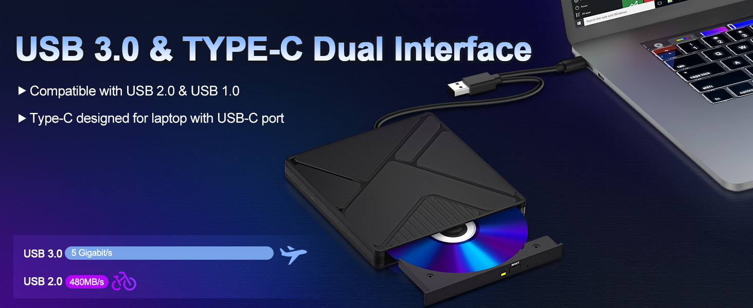 Our external CD DVD drive for laptop, you can insert it into your laptop or desktop computer to auto