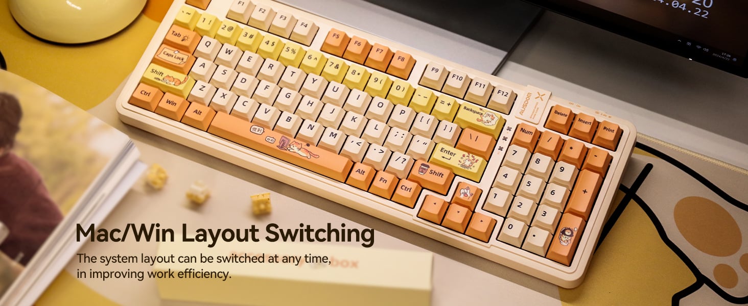AUSDOM 98Pro Wireless Mechanical Keyboard with Backlit(Yellow Cat Theme)