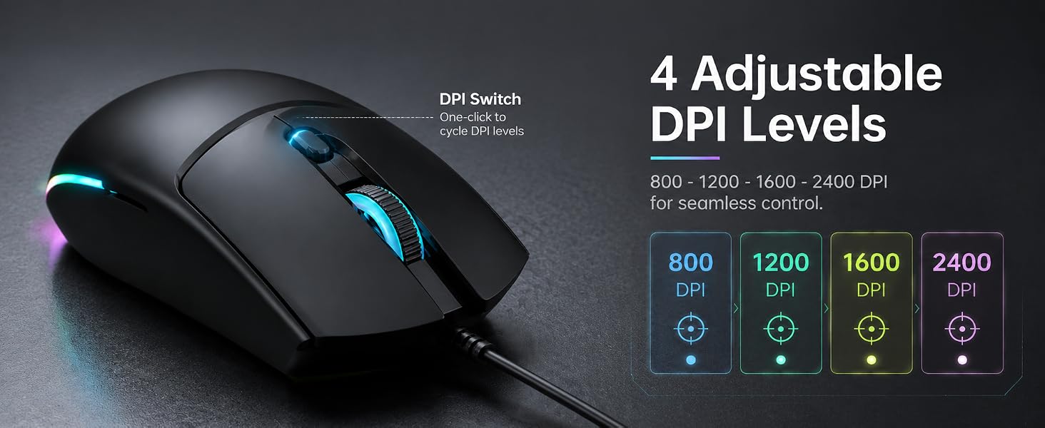 Wired Gaming Mouse RGB, 50g Lightweight Silent USB Mouse -Black | 4 DPI Levels Up To 2400, Silent Cl