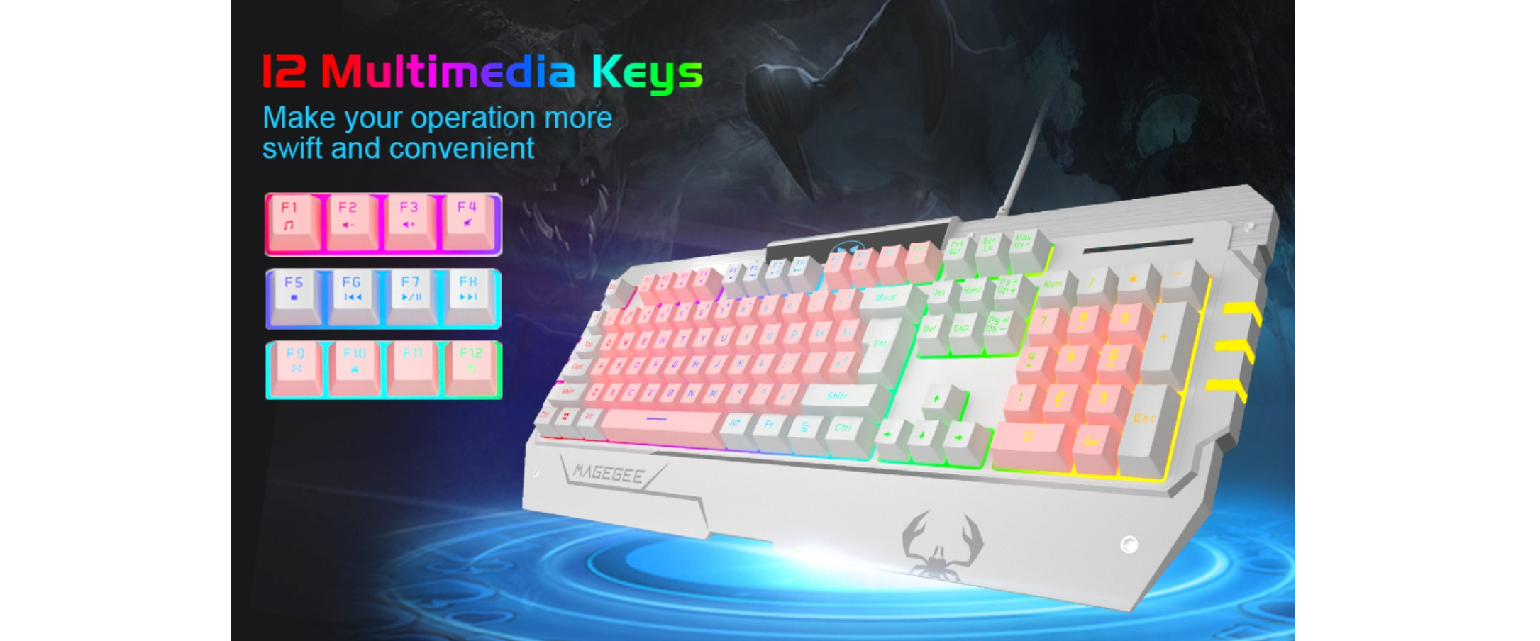 Gaming keyboard, 12 multimedia keys, RGB rainbow backlight, Magegee