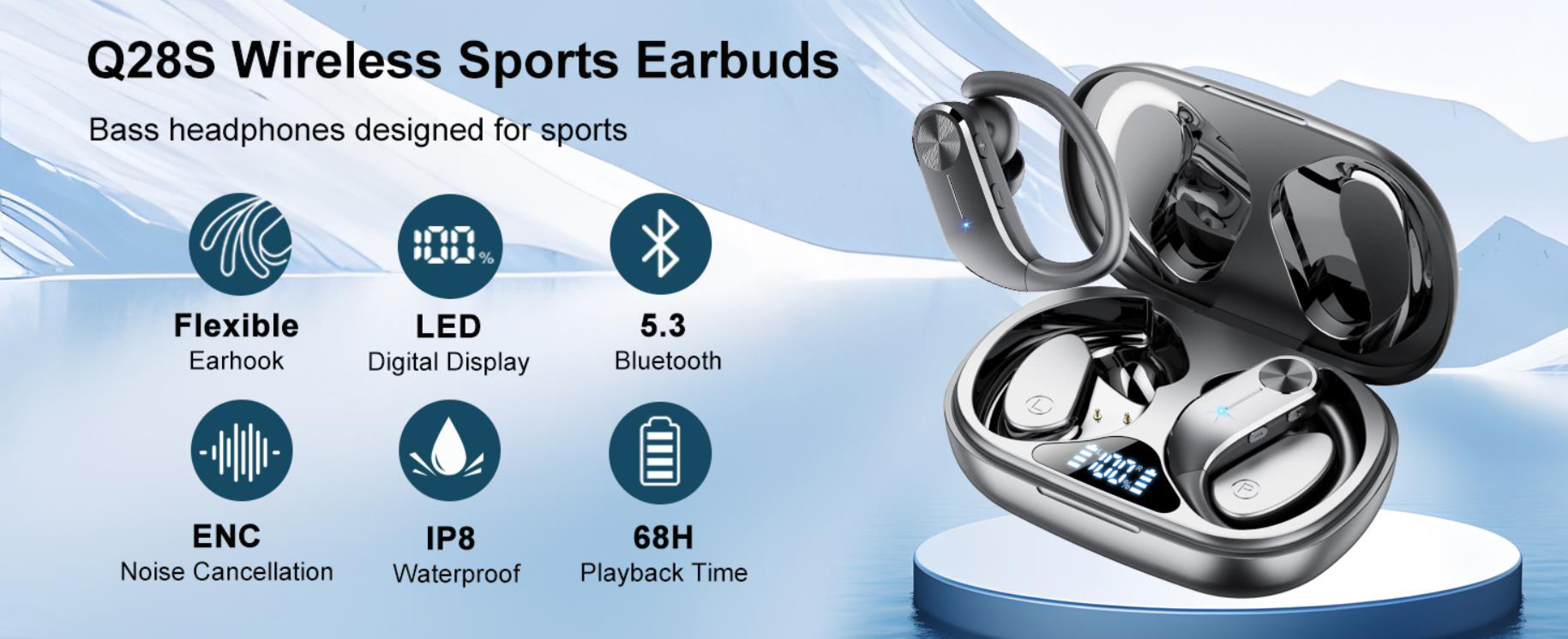 Hitoor Ear buds Wireless Bluetooth Earbuds, Sport Bluetooth 5.3 Headphones with LED Display , 68H Pl