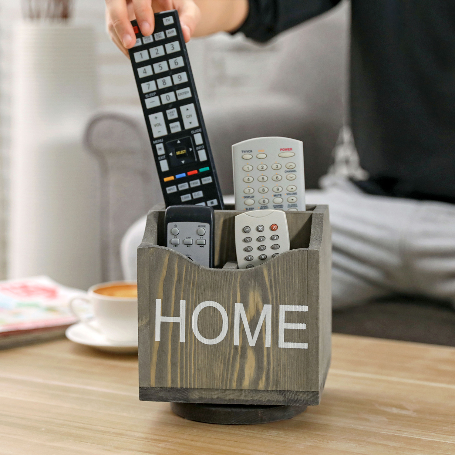 Vintage Gray Wood Remote Control Holder with Beverage and Snack Tray Caddy,  Living Room Phone and Drink Holder Rack 