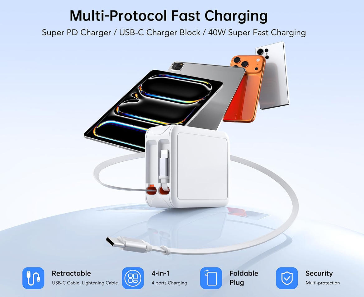 4-in-1 Retractable USB C Wall Charger, Fast Charging USB C & Light-ning Cable USB C & USB A Ports, 4