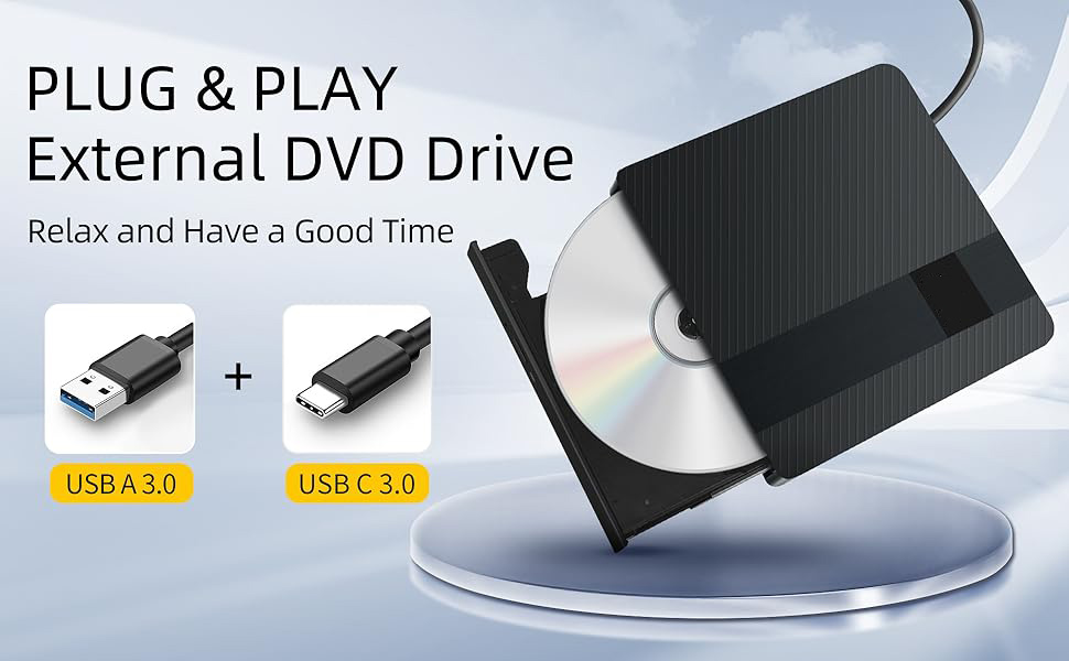 External CD/DVD Drive for Laptops, USB 3.0 & Type-C Portable DVD Player+/-RW Burner Writer Reader, E