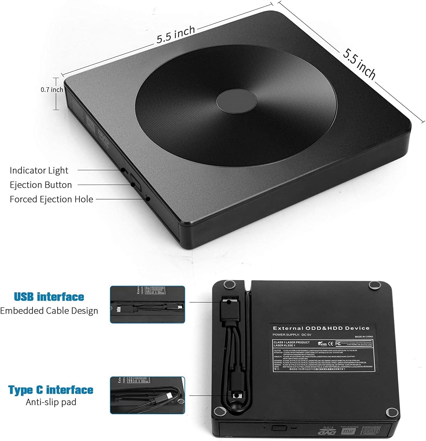 External CD DVD Drive for Laptops, USB 3.0 & Type-C Portable CD/DVD Drive and CD DVD Burner for Lapt