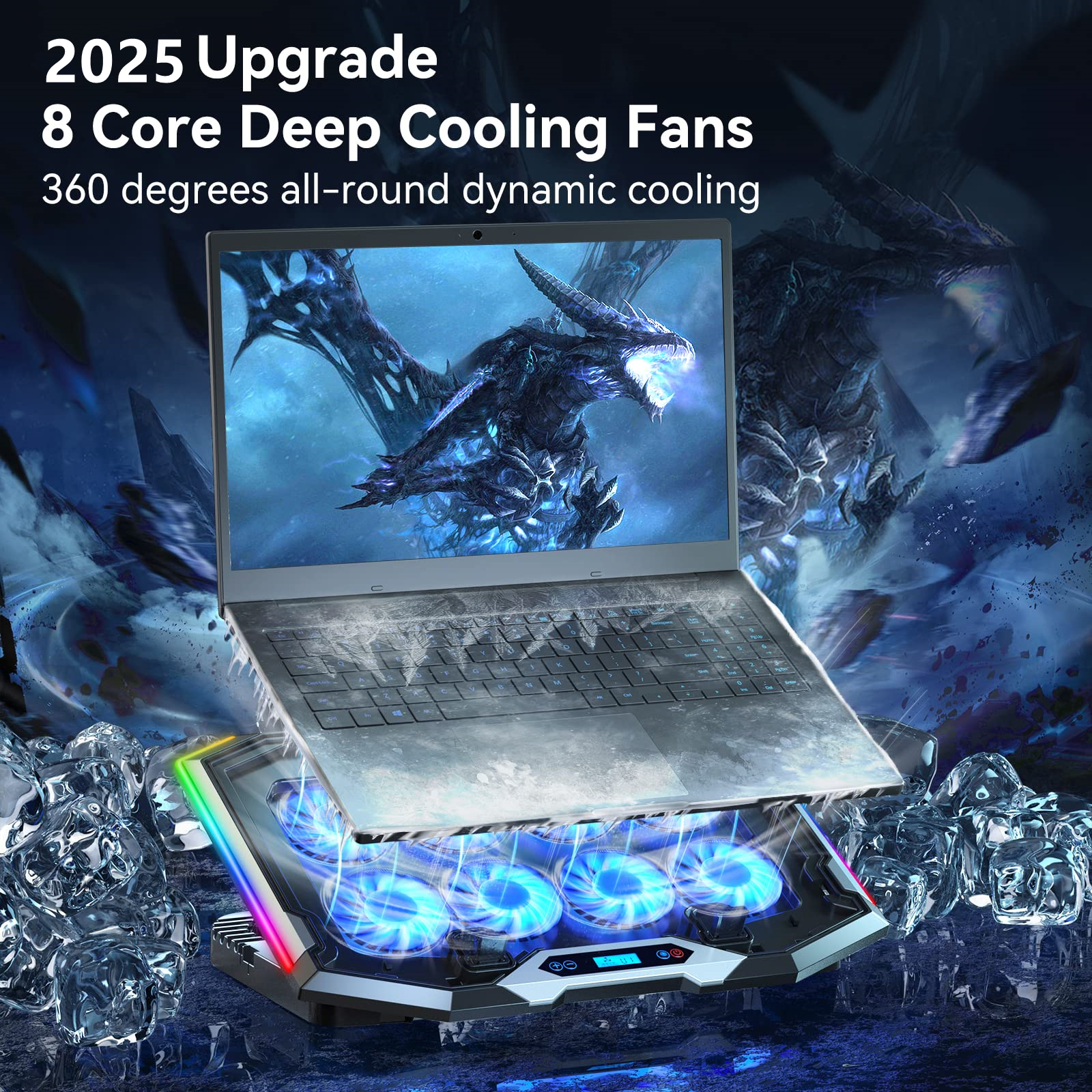 This RGB Laptop Cooling Pad - The Most Powerful Rapid Action Cooling Fan - Laptop Stand with 8 Cooli