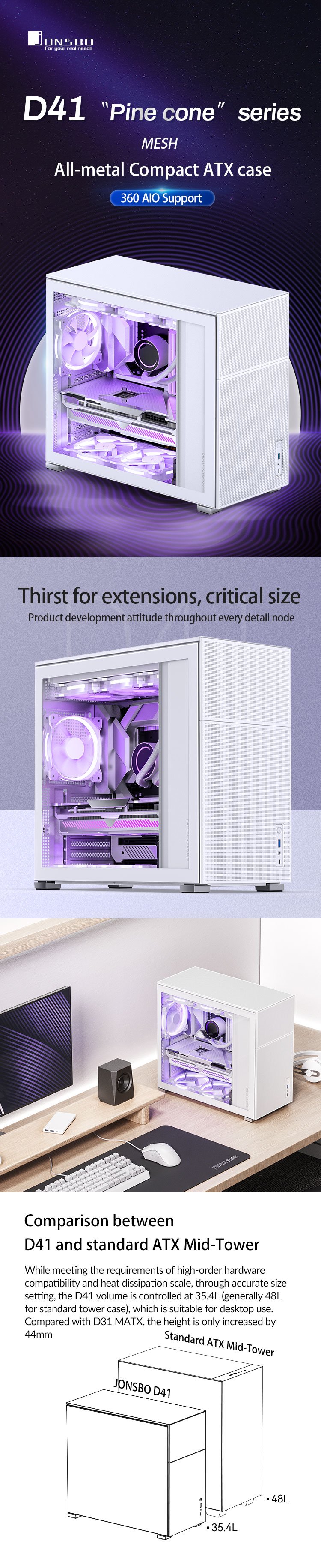 JONSBO D41MESH WHITE ATX Computer Case, Tempered Glass-1 Side