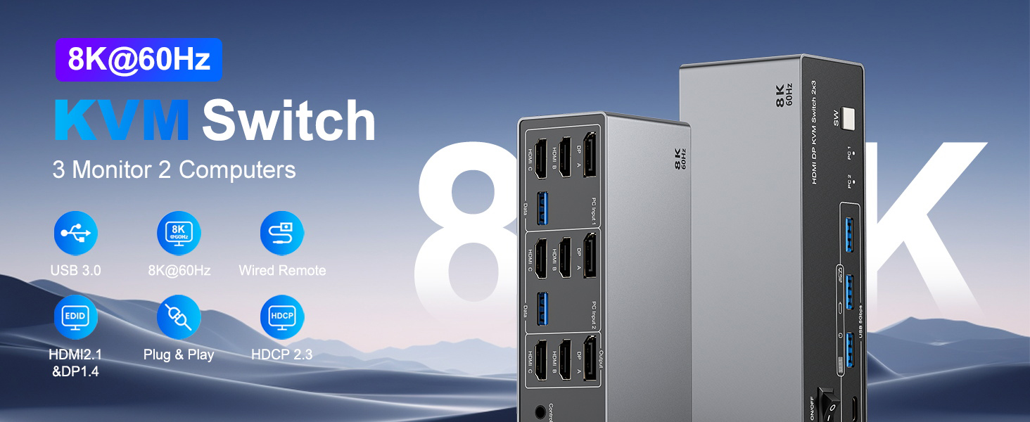 8K@60Hz 2 HDMI + Displayport KVM Switch 3 Monitors 2 Computers