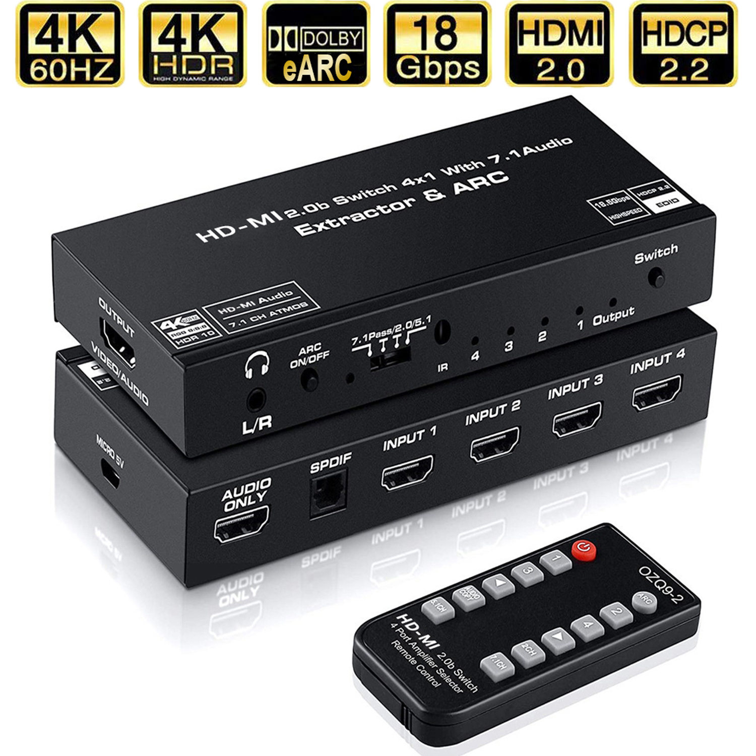 4 in 1 Out 4K HDMI Switch Audio Extractor, 4K@60Hz 8:8:8 ARC Auto Switch EDID HDMI 2.0, 18Gbps, HDCP 2.2, HDR10, Vision, ARC for PS4 Apple TV Fire Blu-Ray