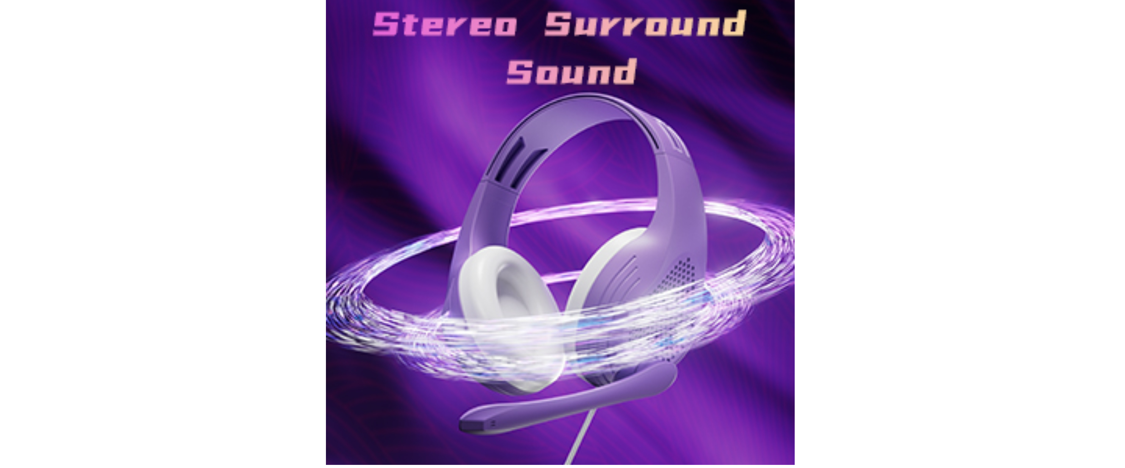 Purple gaming headset, stereo surround sound, sound swirl effect
