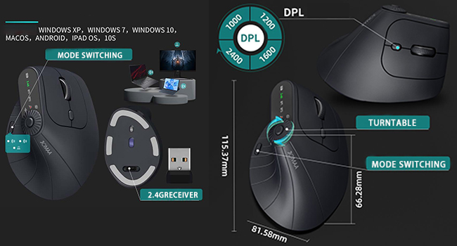 Wireless 2.4G & Dual Bluetooth Three Channel Ergonomic Vertical Mouse - Adjustable DPI Multifunction