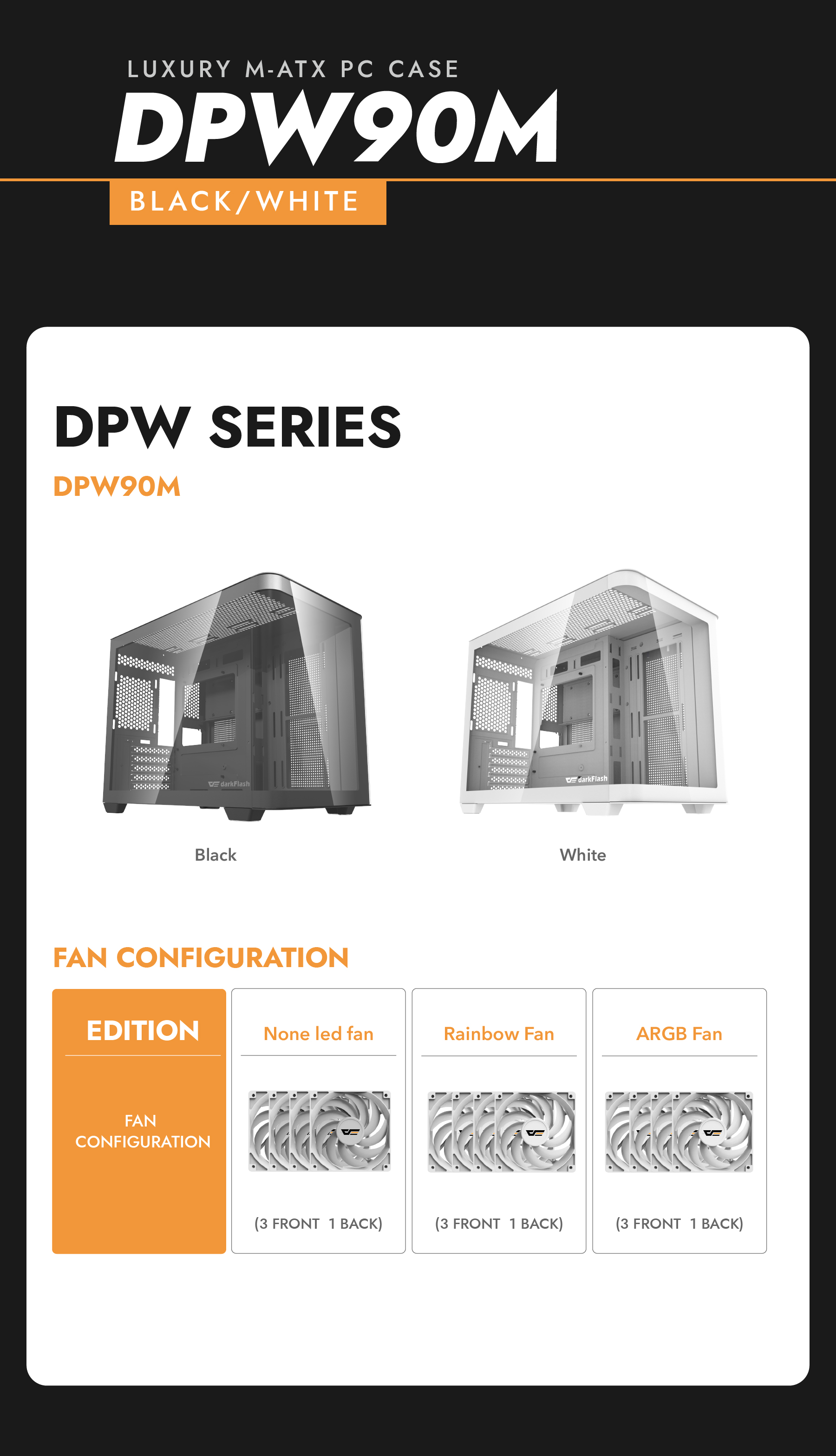 darkFlash DPW90M,Micro-ATX PC Gaming Case,3×Pre-Installed ARGB PWM Fans,Panoramic Dual Curved Temper