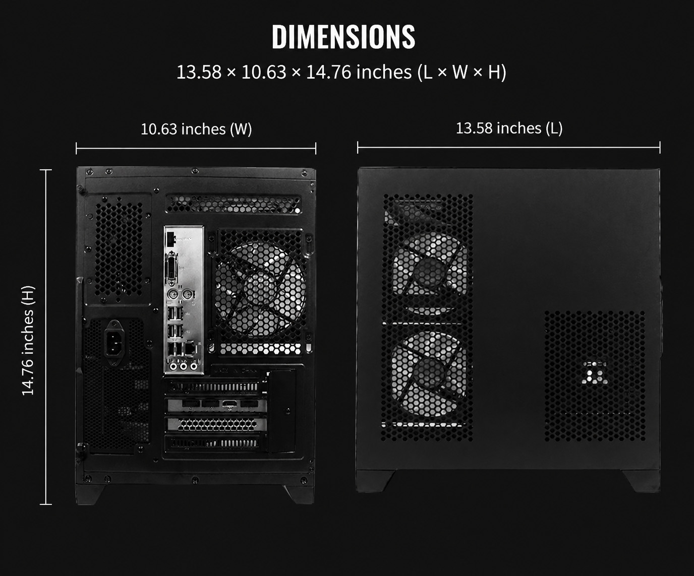 PC case dimensions, 13.58×10.63×14.76 inches, size diagram, desktop tower specs
