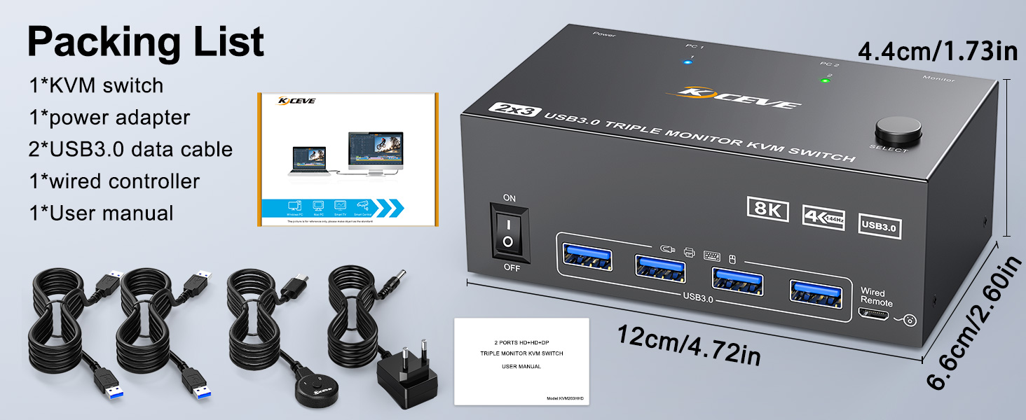8K@60Hz 4K@144Hz KVM Switch 2 Computers 3 Monitors, DP + 2 HDMI Triple Monitors KVM Switch with 4 US