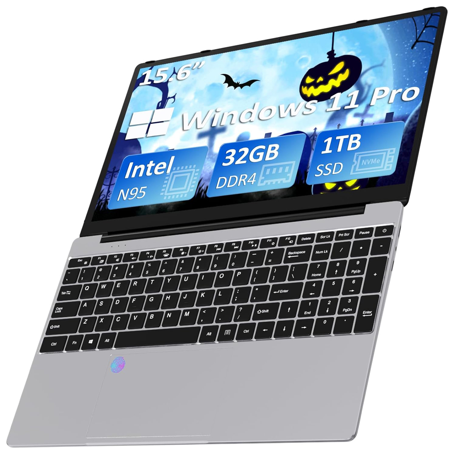 Auusda 15.6 Laptop Intel Alder N95, 16GB RAM, 512GB SSD, Windows 11 Pro  Work Computer, Fingerprint Reader, Backlit Keyboard, Silver 