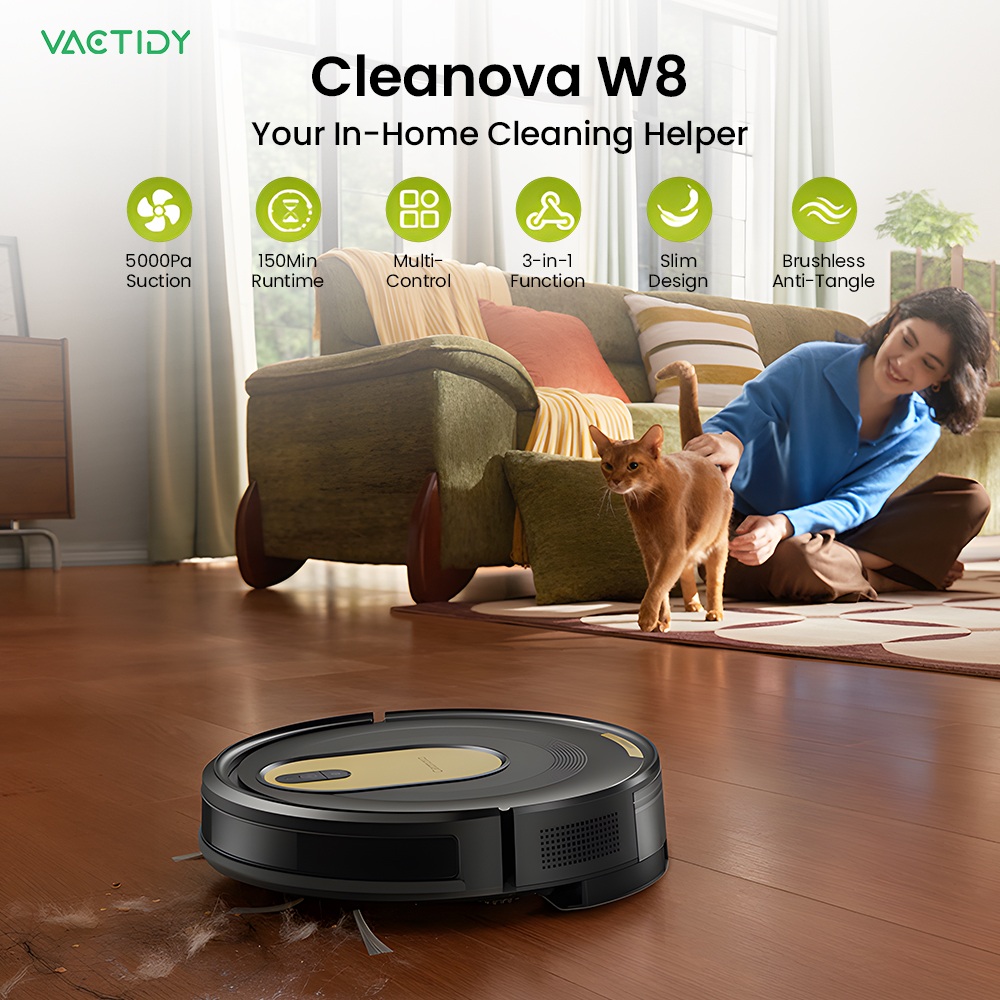 Vactidy W8 2in1 Robot Vacuum Mop 5000Pa CarpetBoost Suction