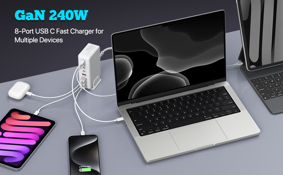 USB C Charger, 240W GaN 8 Port (4 USB C + 4 USB A port) USB Fast Charging Block, PD100W Multi-Port C