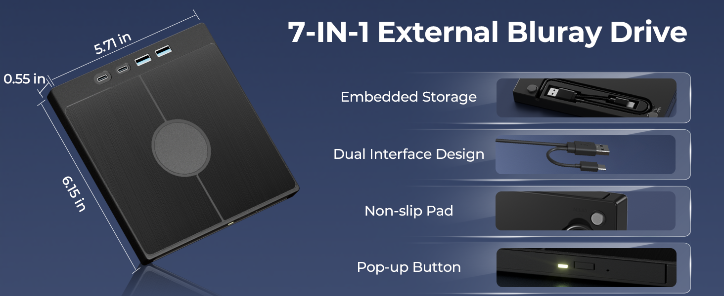 7 in 1External Blu Ray Drive, Portable Blueray/DVD Drive for PC with USB 3.0/Type-C/SD/TF Card Ports