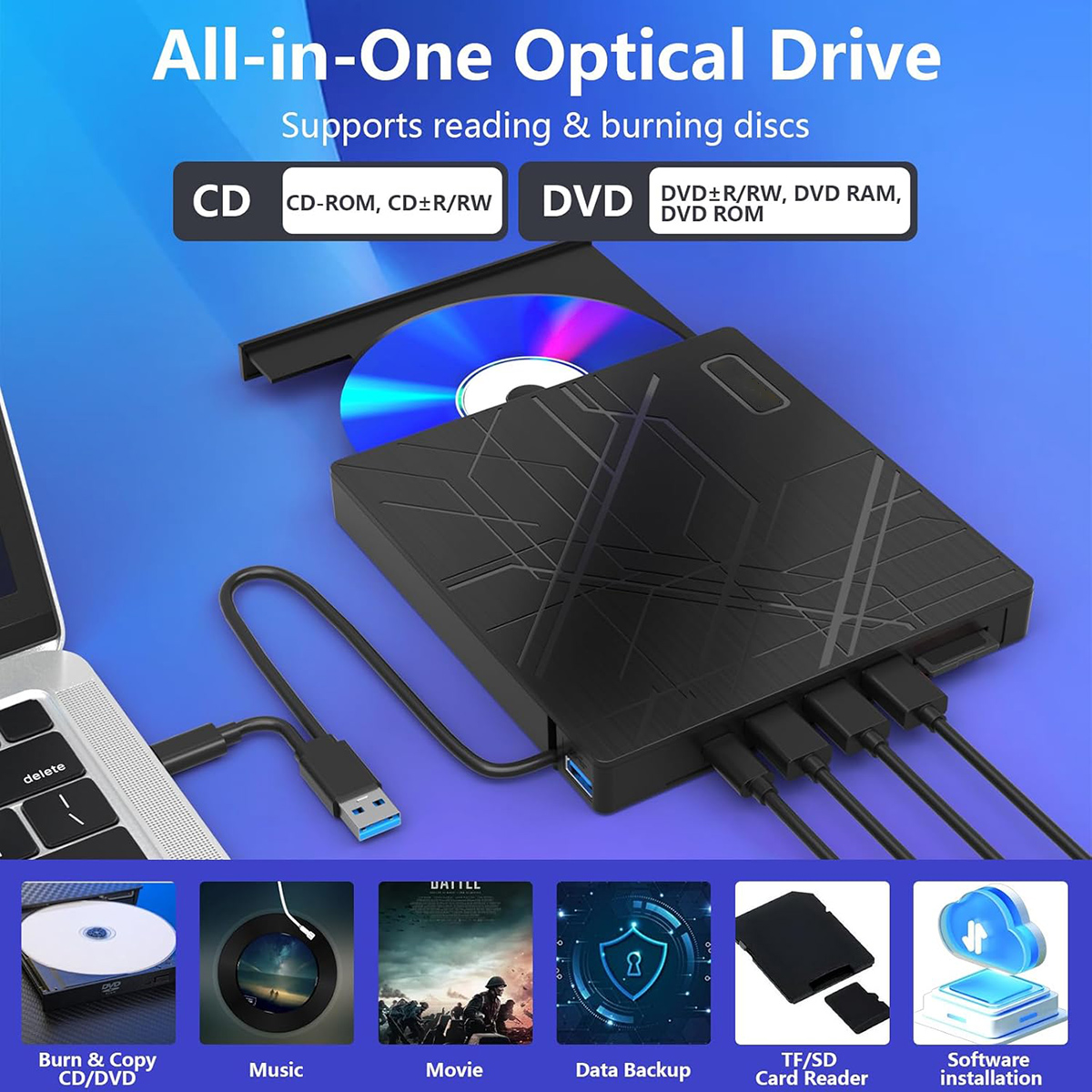 7 in 1 External CD/DVD Drive for Laptop, USB 3.0 Ultra Slim Portable CD Burner with 4 USB Ports