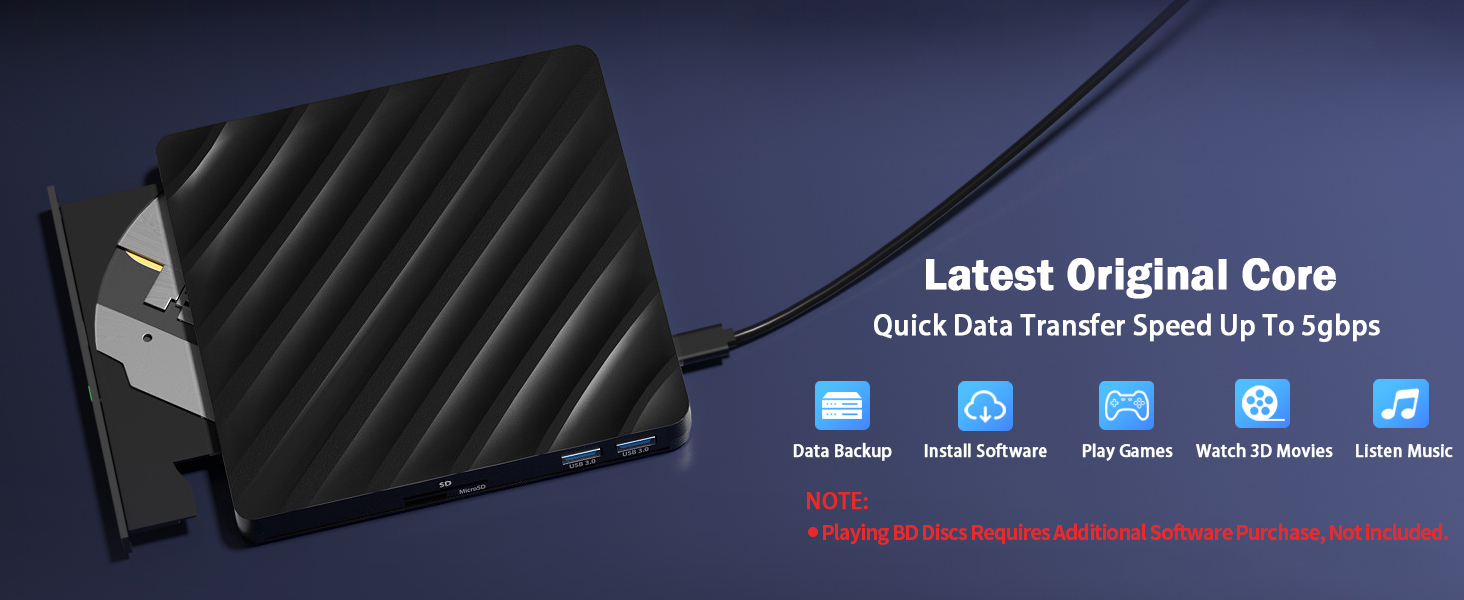 5 in 1 External Blu-Ray Drive, External Blu Ray CD DVD Drive with USB 3.0 Type-C, Bluray Read/Writer