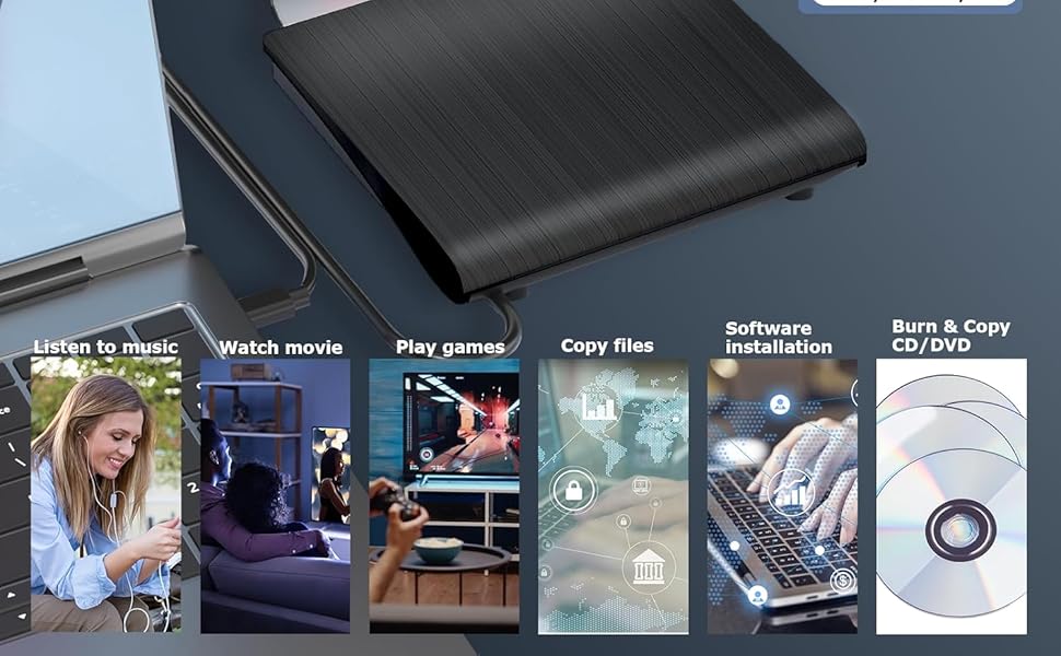 External CD DVD Drive for Laptops, USB 3.0 Type-C Portable CD/DVD Player & Burner for Laptop/Desktop