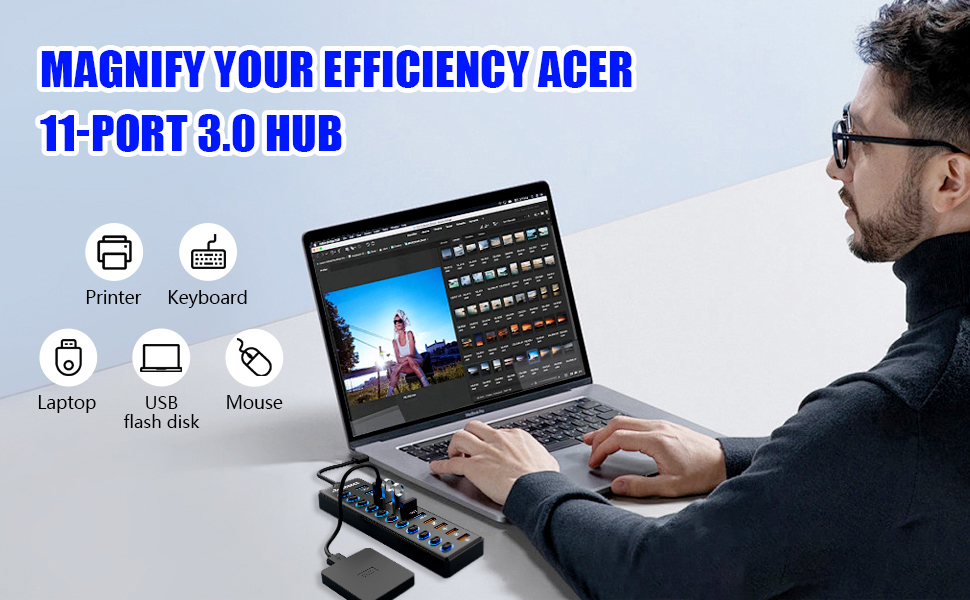 Hitoor 11 Port USB Hub 3.0, Powered USB Splitter Includes 7-Port USB-A Data Transfer with 5Gbps and