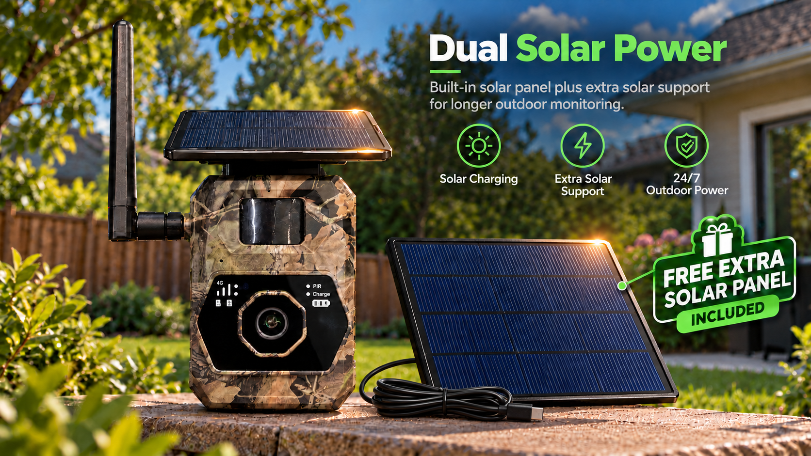 Solar Trail Camera, Dual Solar Panel, Extra Solar Panel Included, Outdoor Security, Solar Charging